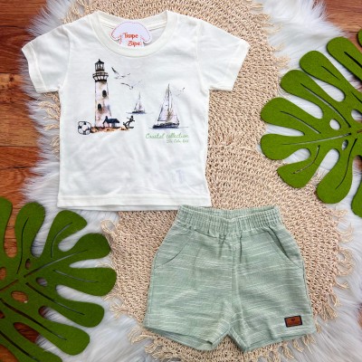 Conj. Camiseta Coastal Collection e Bermuda - Off White e Verde
